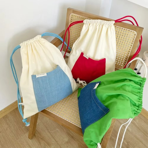 MECO Reusable Canvas Cotton Patchwork Contrast Color Drawstring Bag Hot Sell