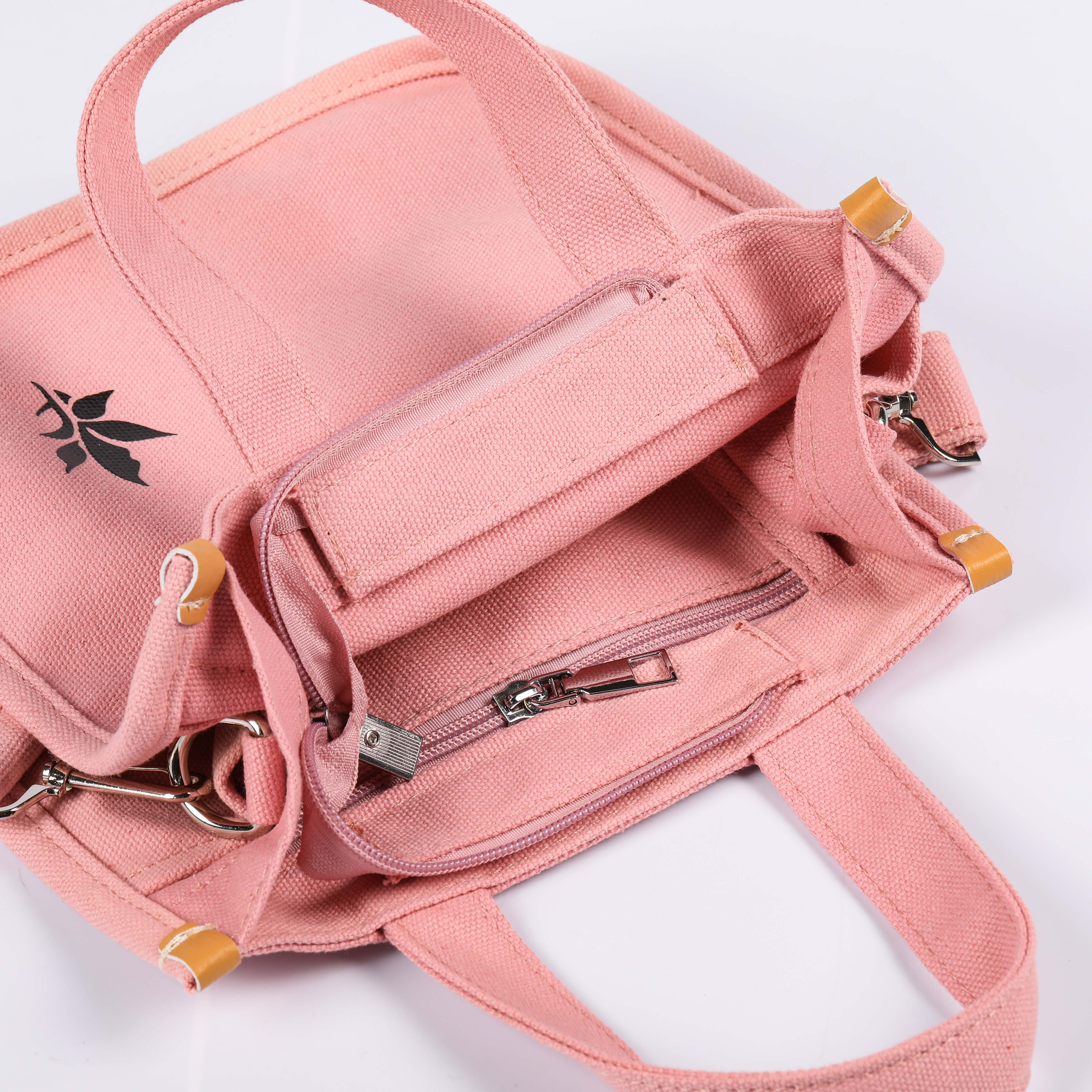 MECO Pink Canvas Crossbody Tote Bag with Custom Leaf Print