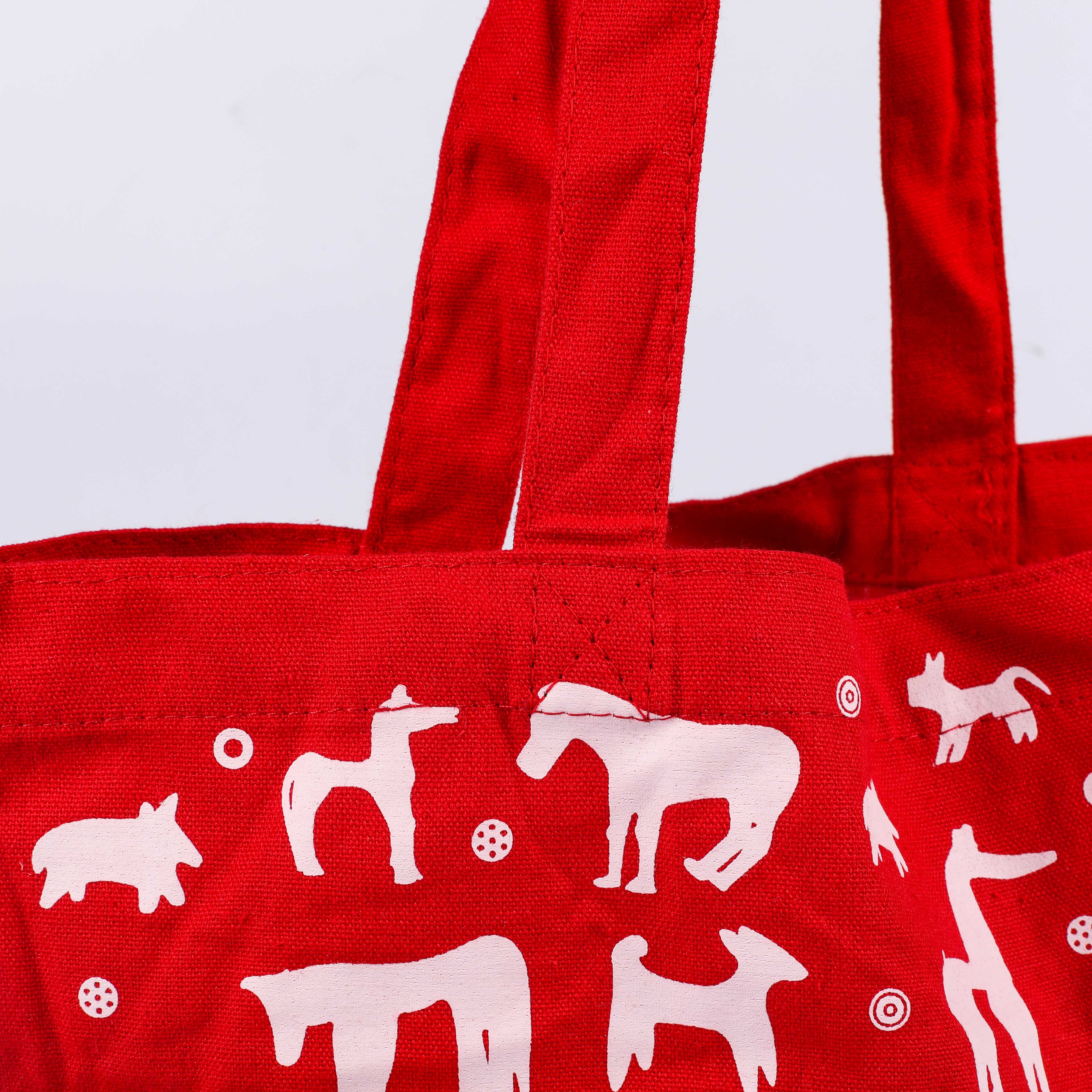 MECO Red Cotton Tote Bag with Animal Print