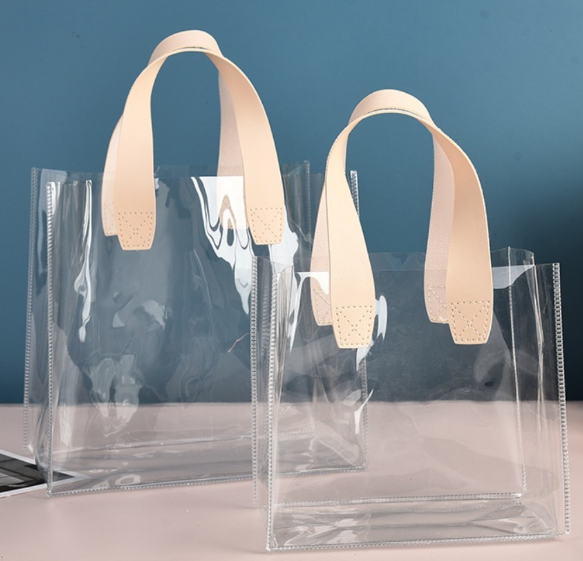 MECO Clear PVC Tote Bag with Leather Handles Gift Packaging Bag Hot Sale