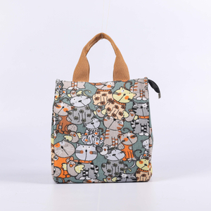 MECO Cartoon Cat Printed Canvas Insulated Lunch Tote Bag with Pearl Cotton Liner