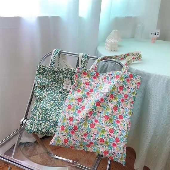 MECO Floral Print 100% Cotton Canvas Tote Bag Reusable Eco-Friendly Shopping Bag