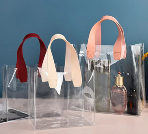 MECO Clear PVC Tote Bag with Leather Handles Gift Packaging Bag Hot Sale