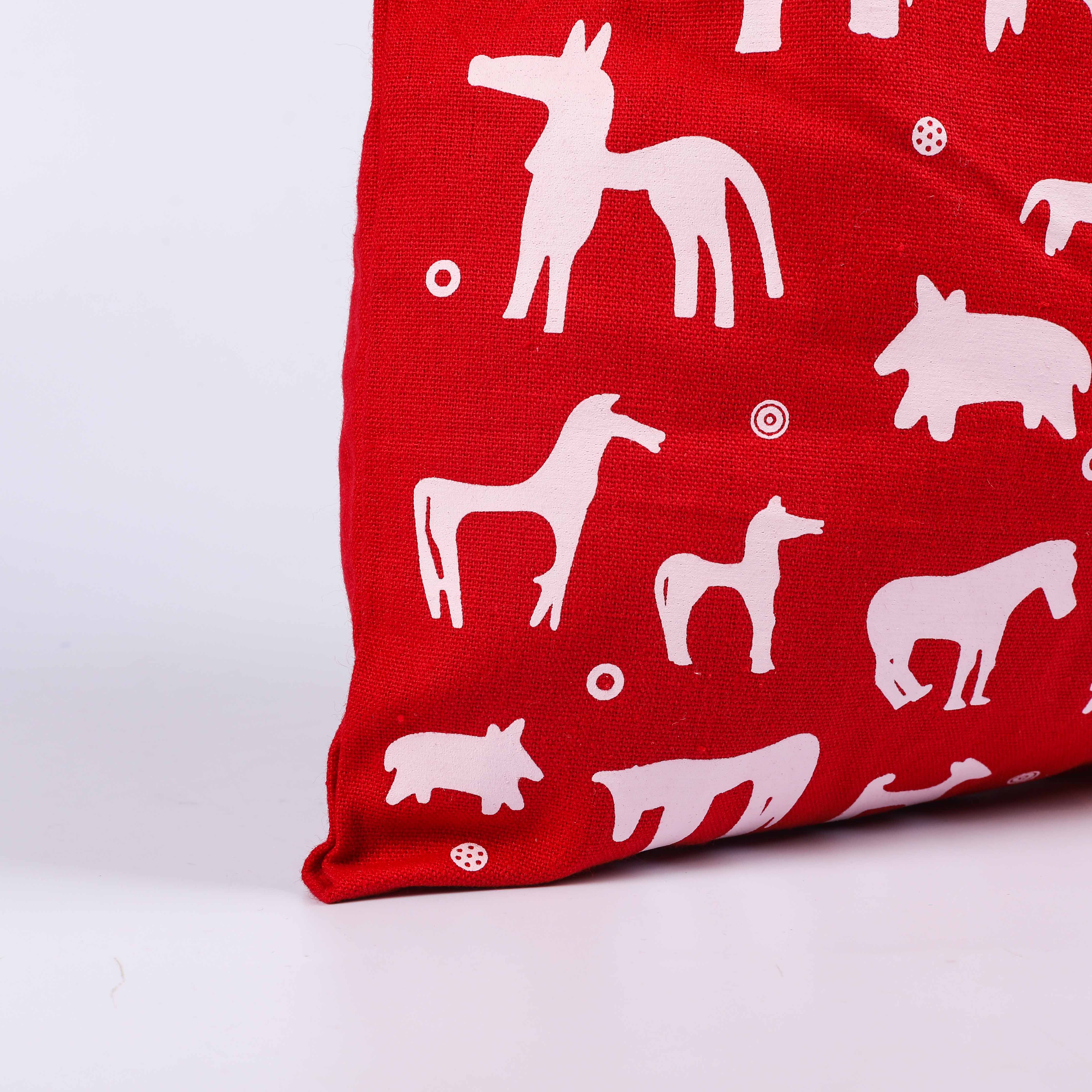 MECO Red Cotton Tote Bag with Animal Print