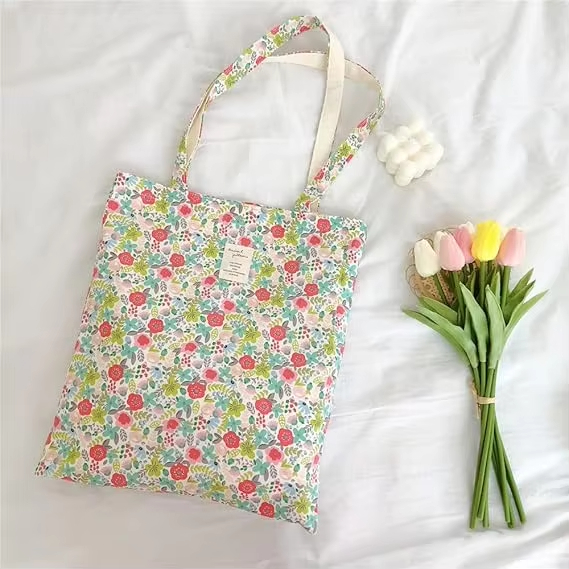 MECO Floral Print 100% Cotton Canvas Tote Bag Reusable Eco-Friendly Shopping Bag