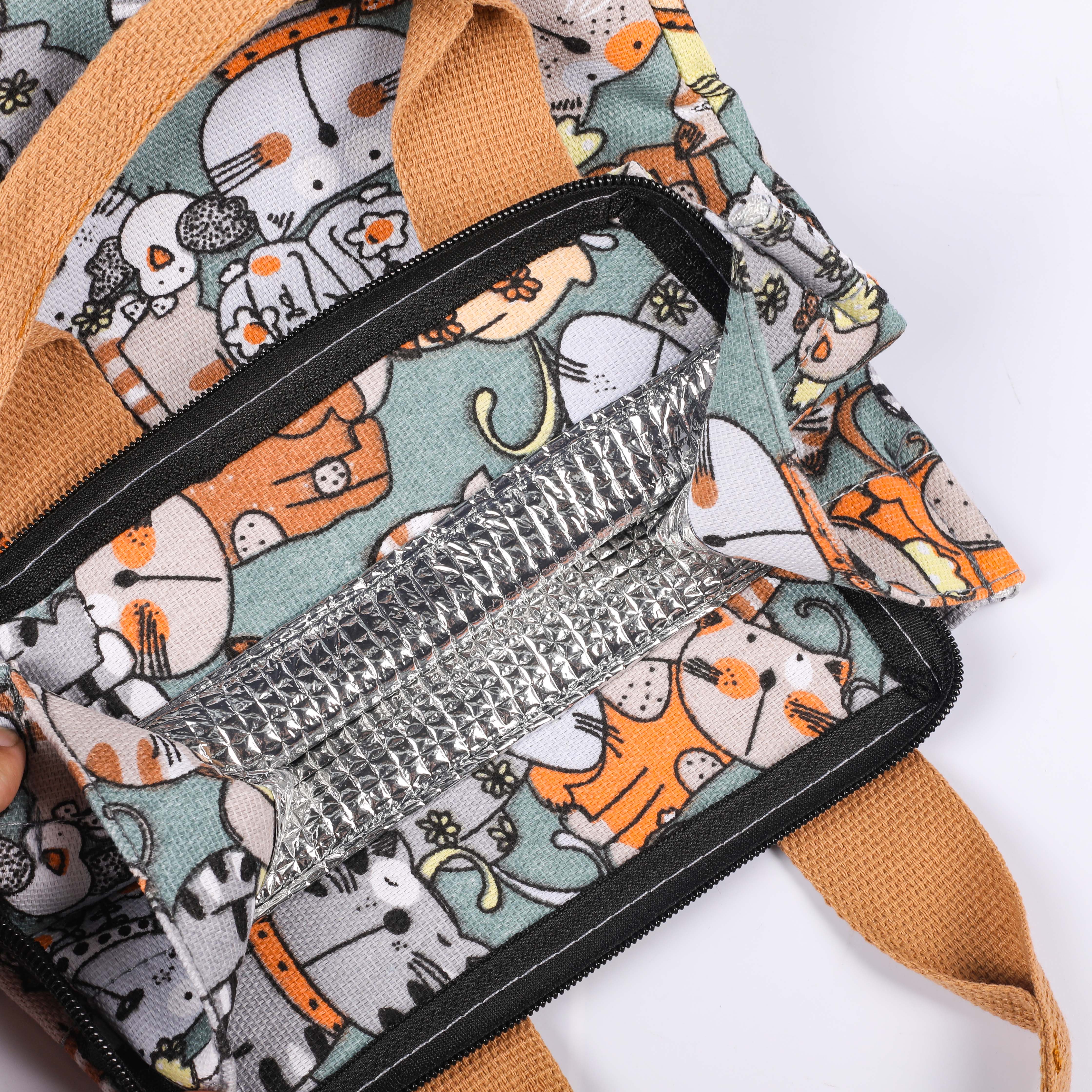 MECO Cartoon Cat Printed Canvas Insulated Lunch Tote Bag with Pearl Cotton Liner