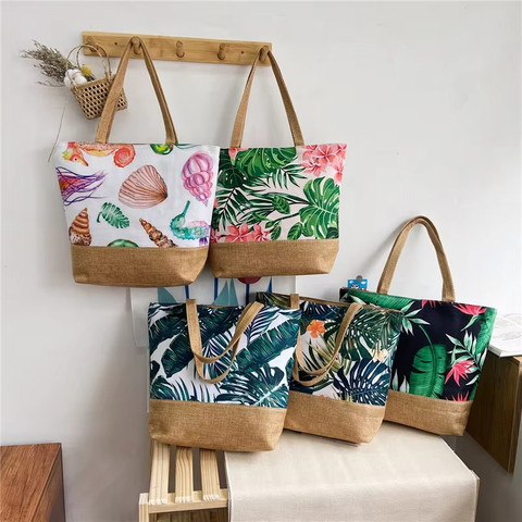 MECO Reusable Tropical Print Cotton Canvas Tote Bag Eco-Friendly Beach Bag Hot Sale