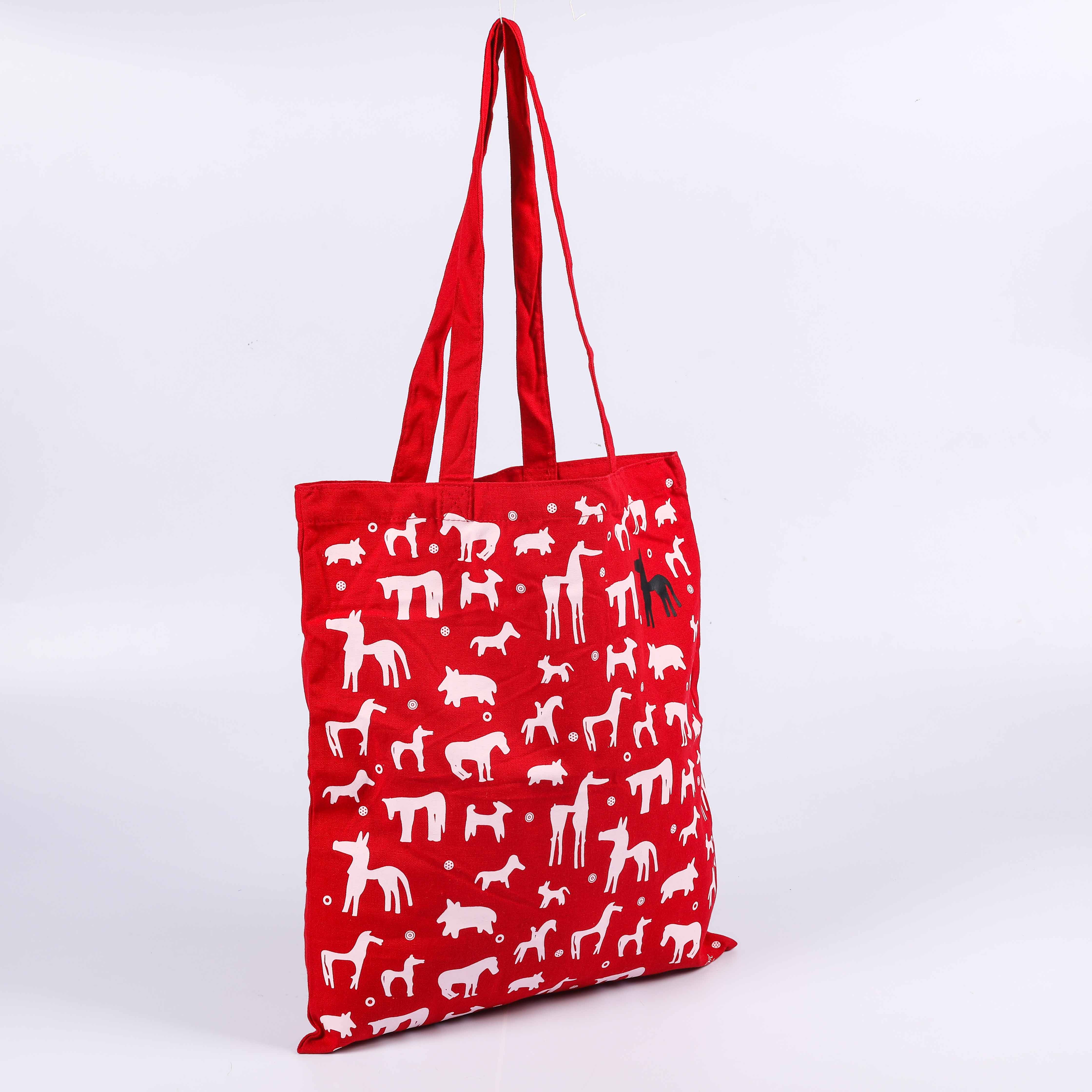 MECO Red Cotton Tote Bag with Animal Print