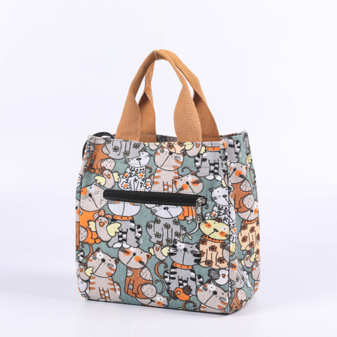 MECO Cartoon Cat Printed Canvas Insulated Lunch Tote Bag with Pearl Cotton Liner