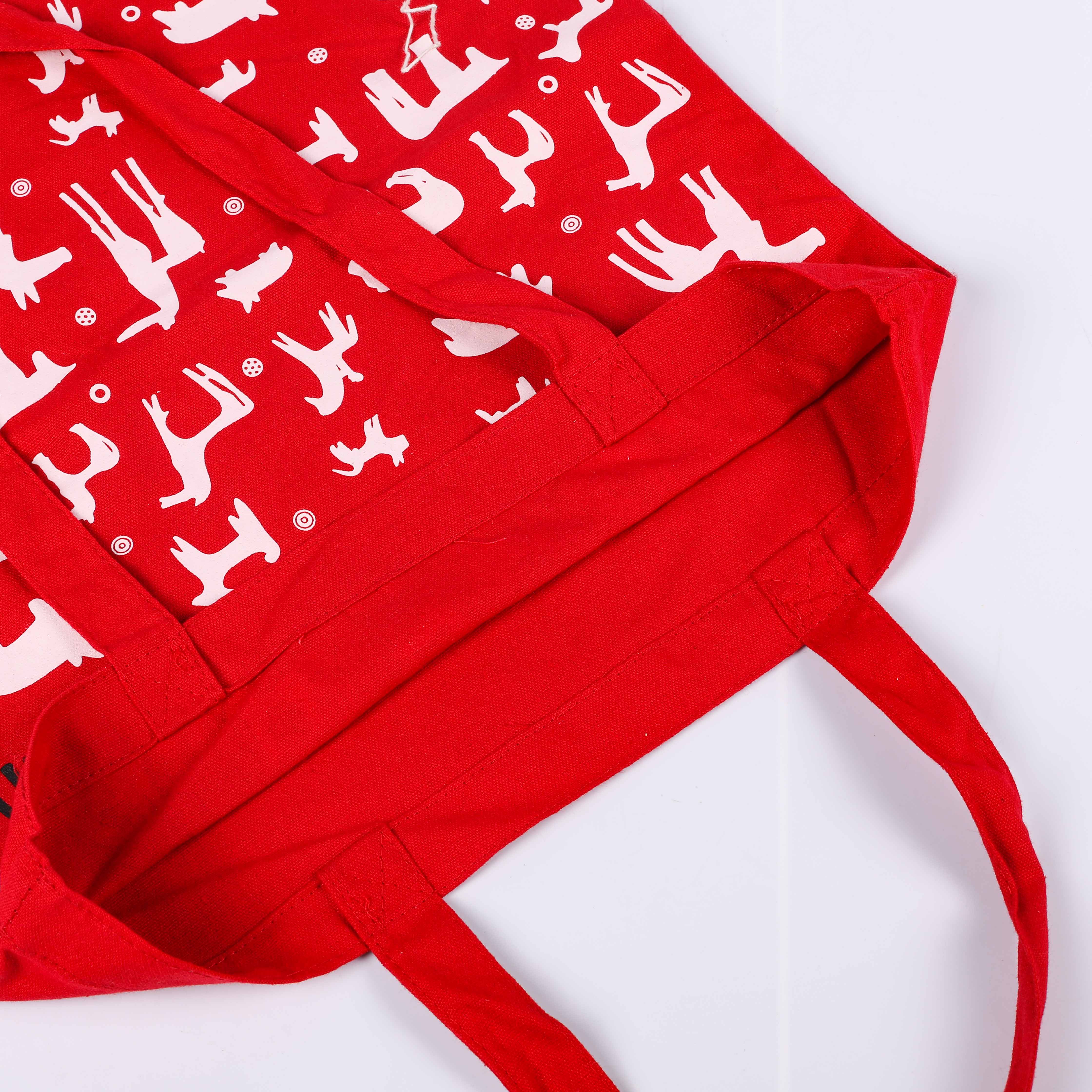MECO Red Cotton Tote Bag with Animal Print
