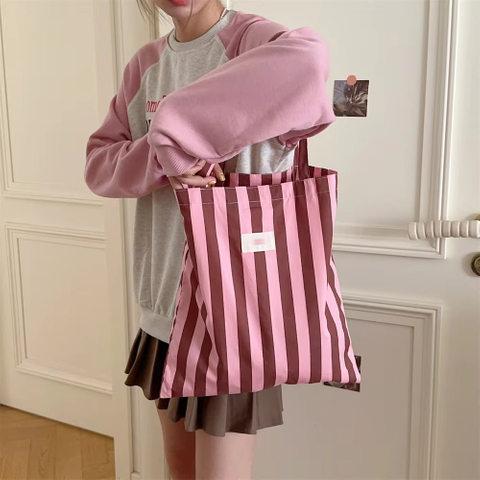 MECO Striped Canvas Tote Bag Reusable Cotton Shoulder Bag Eco-Friendly Shopping Bag Hot Sale