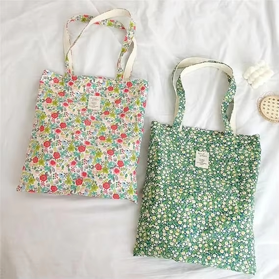 MECO Floral Print 100% Cotton Canvas Tote Bag Reusable Eco-Friendly Shopping Bag