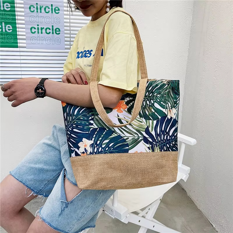 MECO Reusable Tropical Print Cotton Canvas Tote Bag Eco-Friendly Beach Bag Hot Sale
