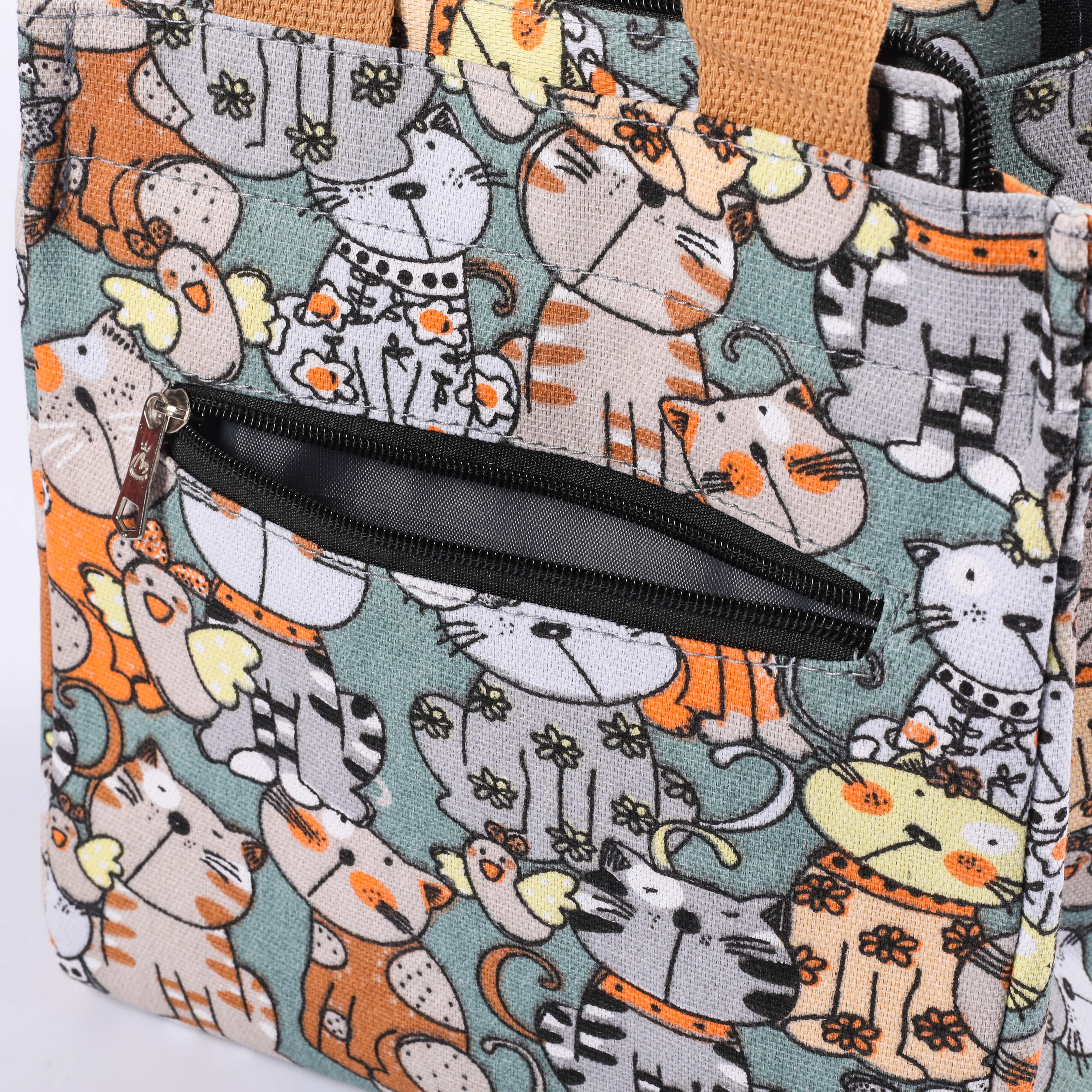 MECO Cartoon Cat Printed Canvas Insulated Lunch Tote Bag with Pearl Cotton Liner
