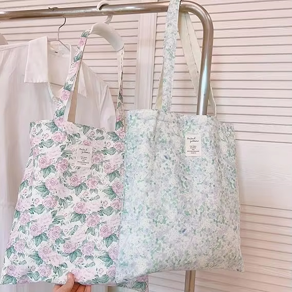 MECO Floral Print 100% Cotton Canvas Tote Bag Reusable Eco-Friendly Shopping Bag