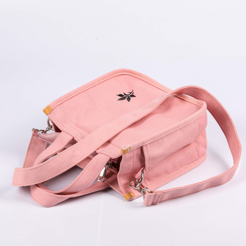 MECO Pink Canvas Crossbody Tote Bag with Custom Leaf Print