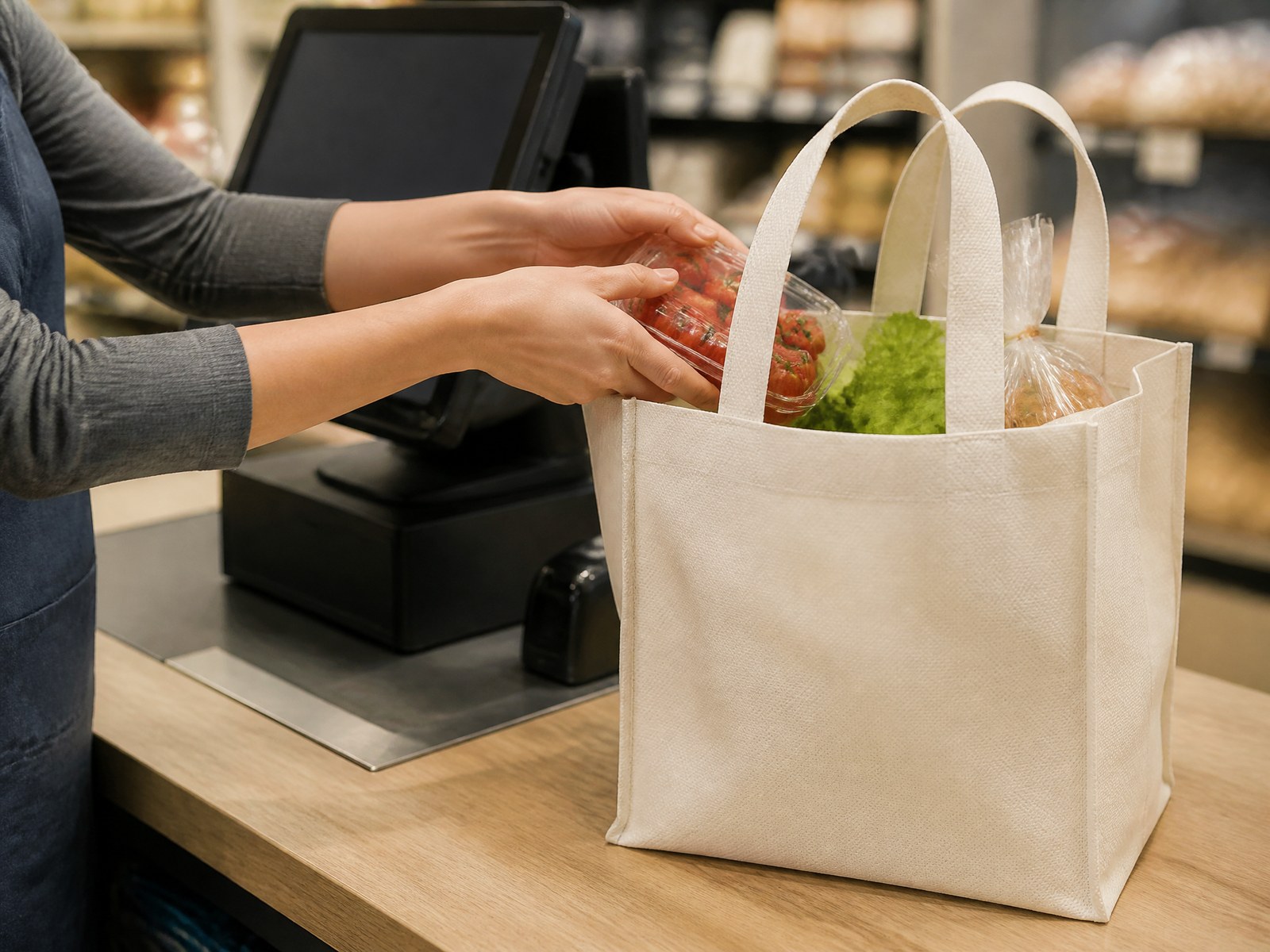 Reusable shopping bag in use at a retail checkout counter